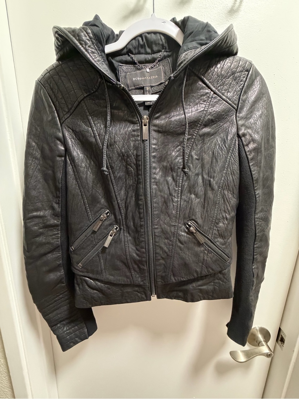 BCBGMAXAZRIA Leather Hooded Moto Jacket XS
